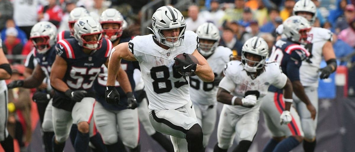 Las Vegas Raiders tight end Brock Bowers (89) makes a catch against the New England Patriots during the second half at Gillette Stadium.