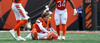 Cincinnati Bengals quarterback Joe Burrow (9) is injured on a play in the second quarter of the NFL Week 2 game between the Cincinnati Bengals and the Jacksonville Jaguars at Paycor Stadium in downtown Cincinnati on Sunday, Sept. 14, 2025. The Jaguars led 17-10 at halftime.