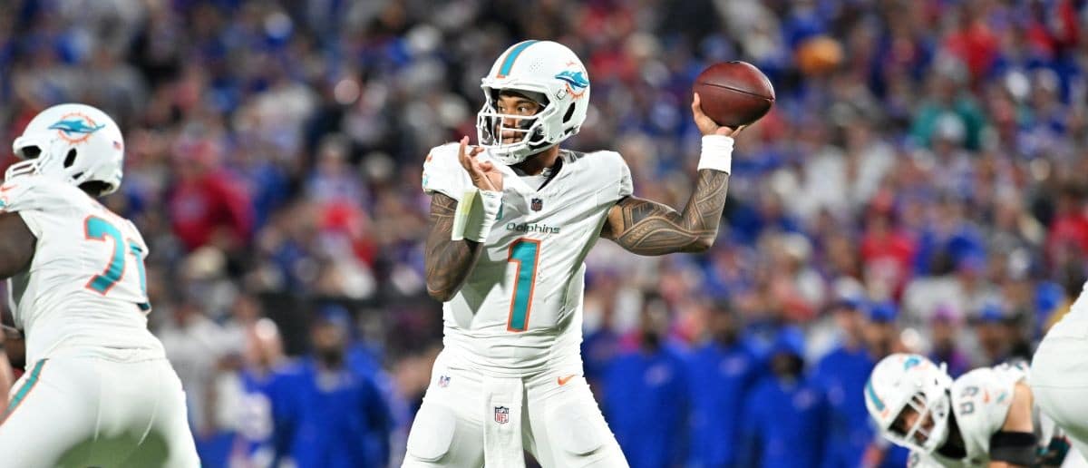 Miami Dolphins quarterback Tua Tagovailoa (1) passes against the Buffalo Bills in the second quarter at Highmark Stadium.