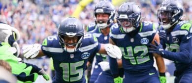 Seattle Seahawks wide receiver Tory Horton (15) celebrates after scoring a 95 yard punt return for a touchdown against the New Orleans Saints during the first quarter at Lumen Field
