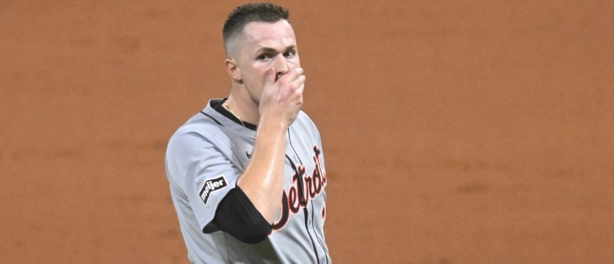 Detroit Tigers starting pitcher Tarik Skubal (29) reacts after Cleveland Guardians designated hitter David Fry (6) was hit in the face by a foul ball in the sixth inning at Progressive Field.