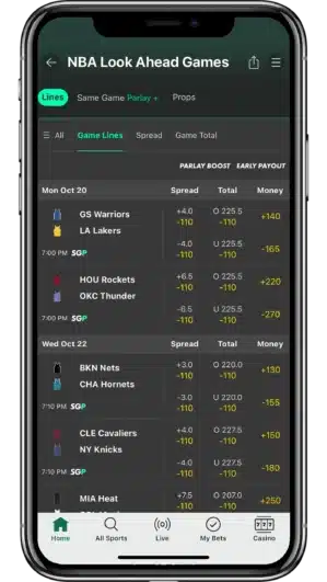 A view of bet365's mobile app displaying betting odds for the NBA