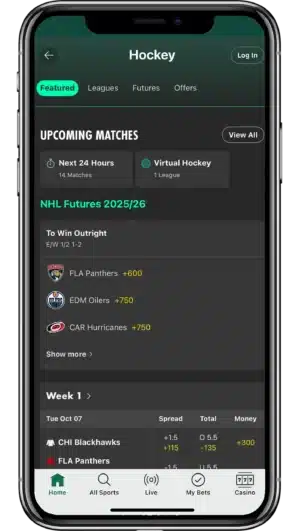 A view of bet365's mobile app displaying betting odds for the NHL