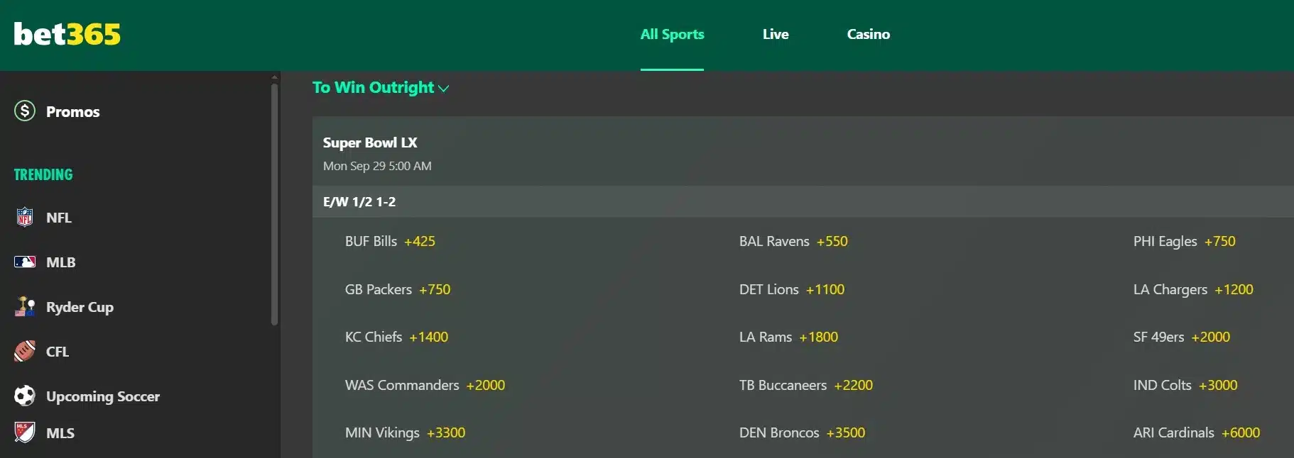 A screenshot of the desktop view of bet365's Super Bowl LX odds