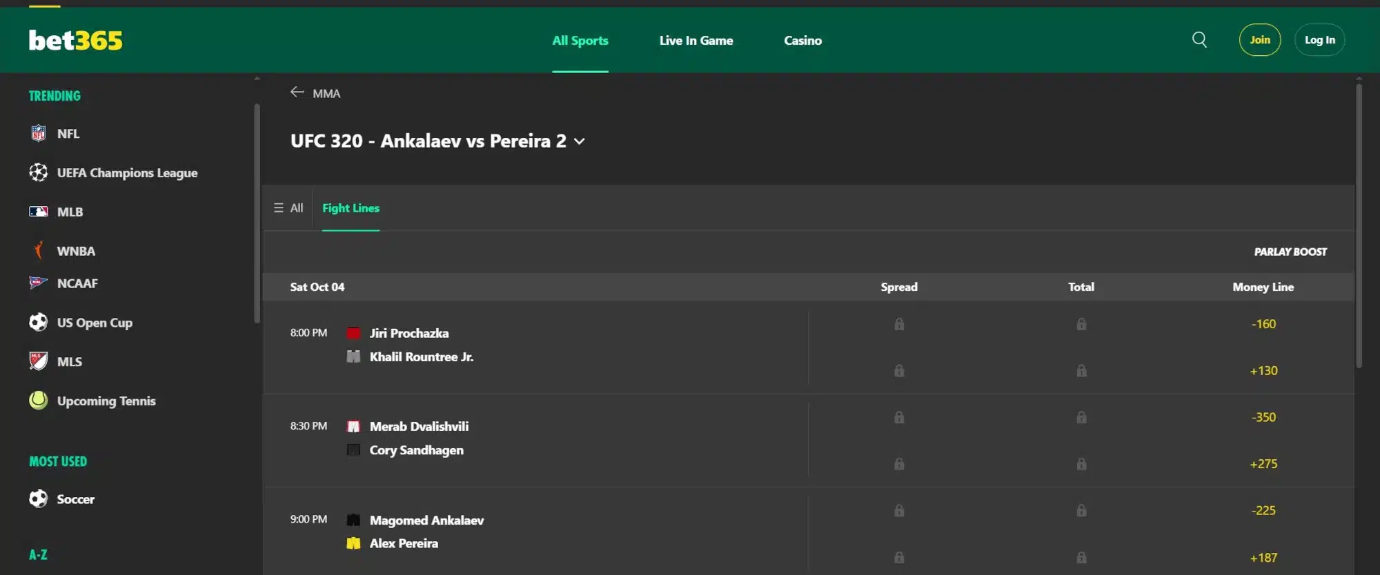 A screenshot of the desktop view of bet365's UFC betting page