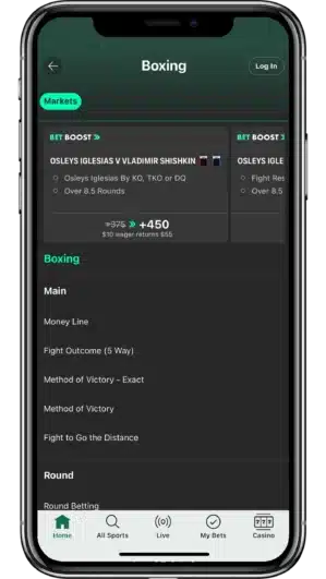 A mobile view of bet365's boxing betting app on a smartphone.
