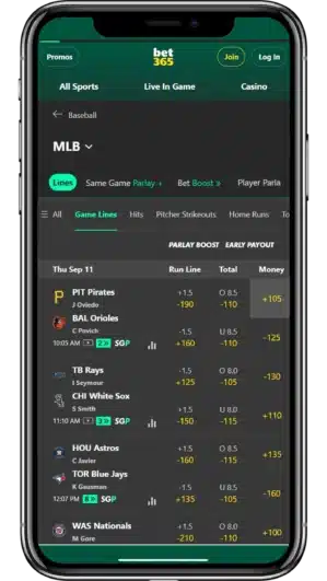 A image of a smartphone displaying bet365's MLB Betting app on screen