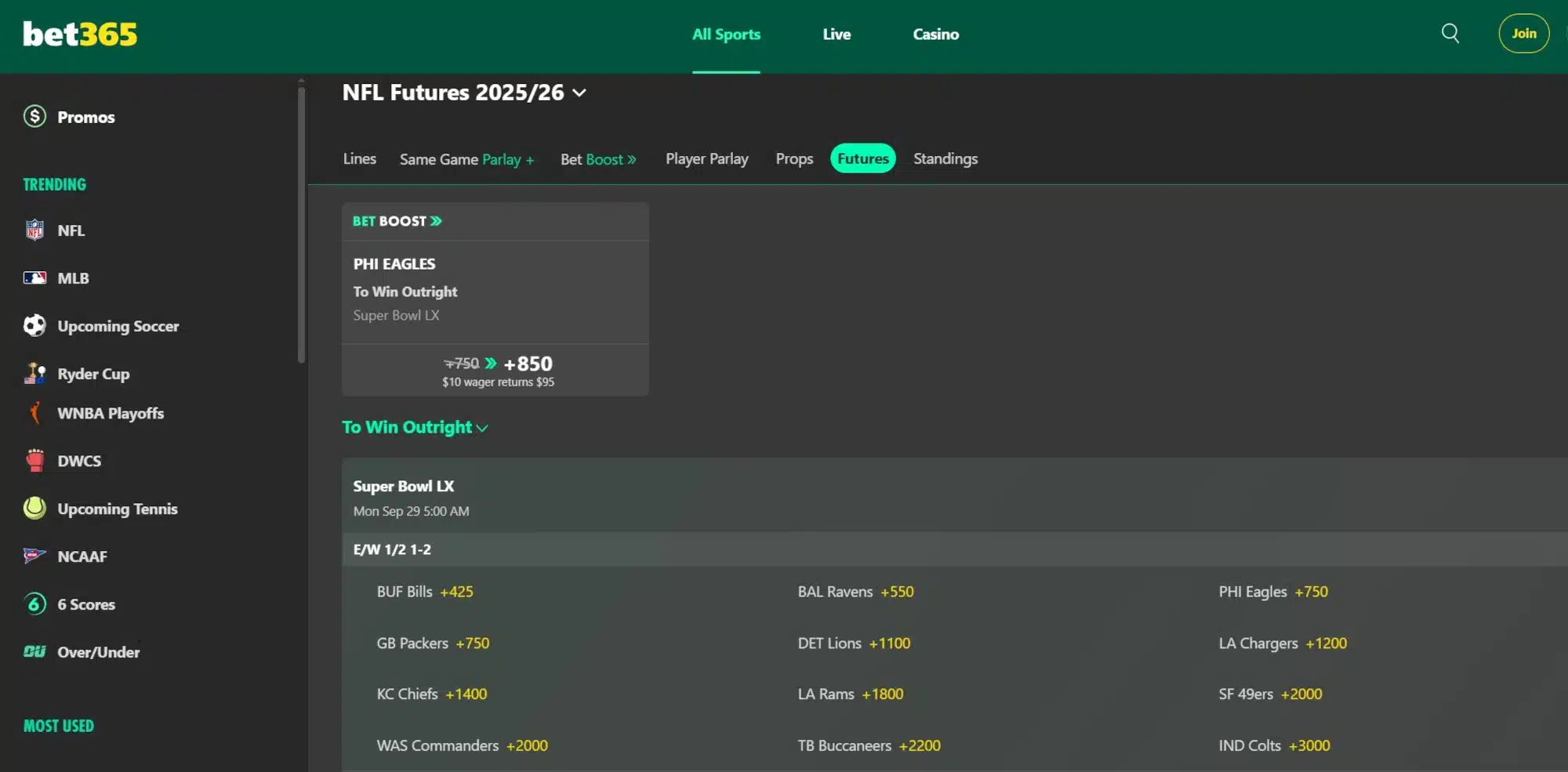 A screenshot of the desktop view of bet365's Super Bowl betting page