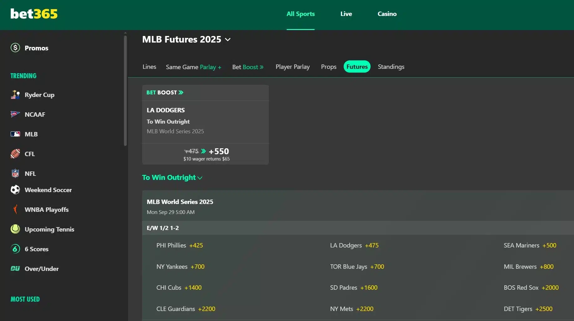 A screenshot of the desktop view of bet365's World Series odds