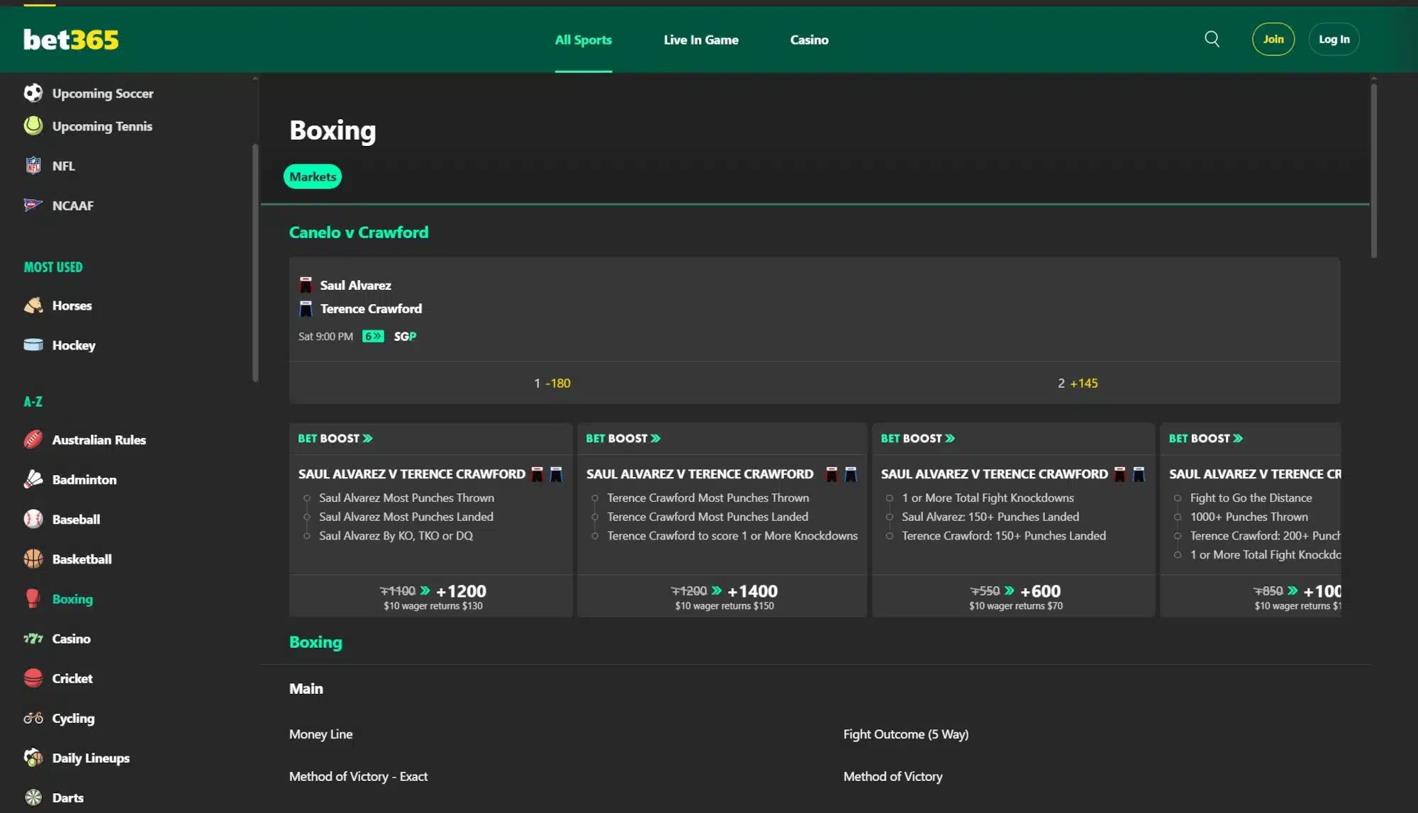 a desktop screenshot view of bet365's boxing odds showing the Crawford vs Canelo fight odds. 