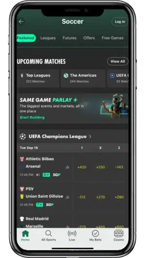 A screenshot of the mobile view of bet365's soccer betting app