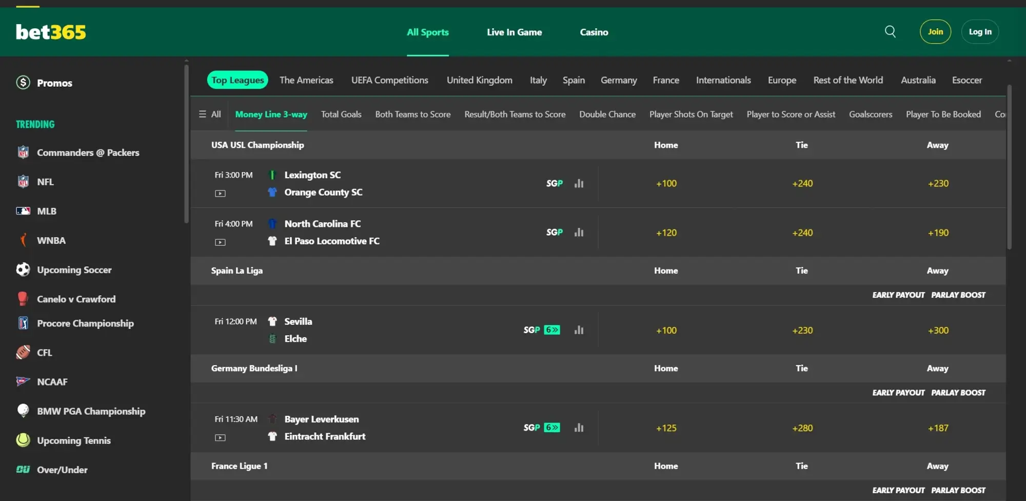 A screenshot of the desktop view of bet365's soccer betting page