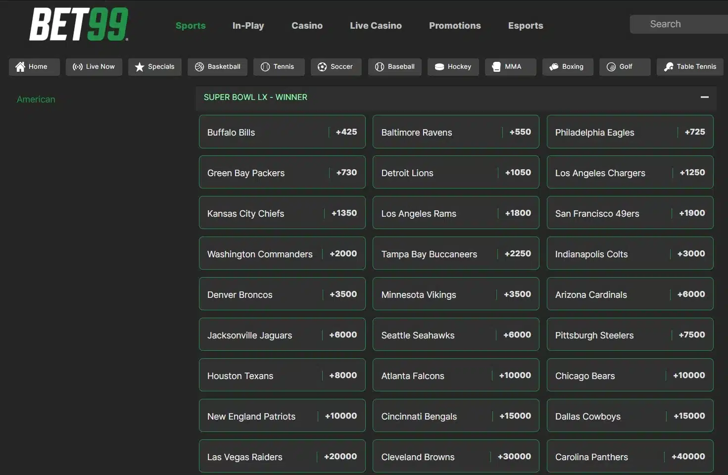 A screenshot of the desktop view of BET99's Super Bowl Betting page