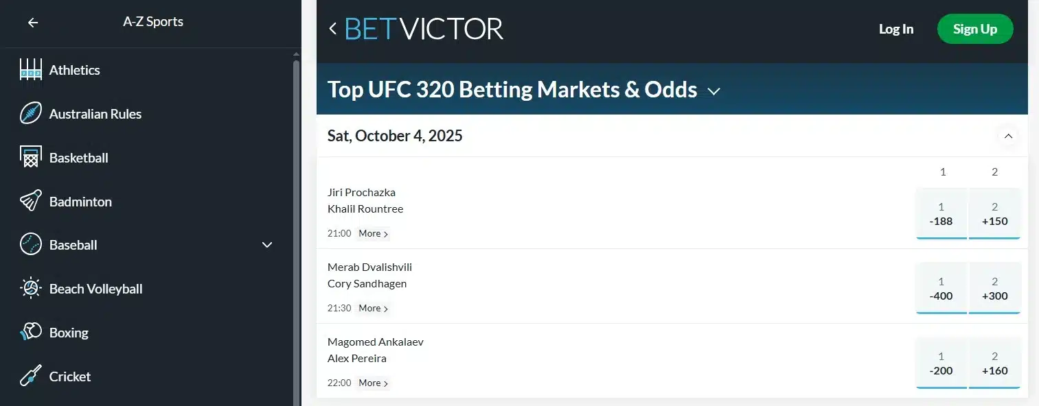 A screenshot of the desktop view of BetVictor's UFC betting screen