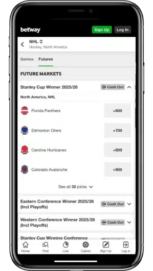 A view of Betway's mobile app displaying betting odds for the NHL