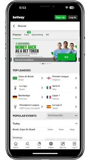 A screenshot of the mobile view of Betway's soccer betting app
