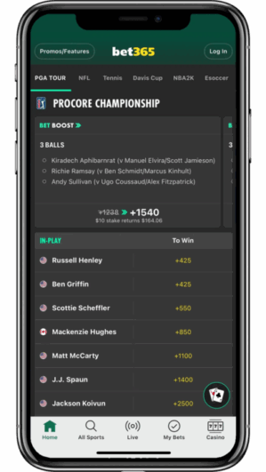 Mobile screenshot of the bet365 Canada betting app's PGA Tour homepage.