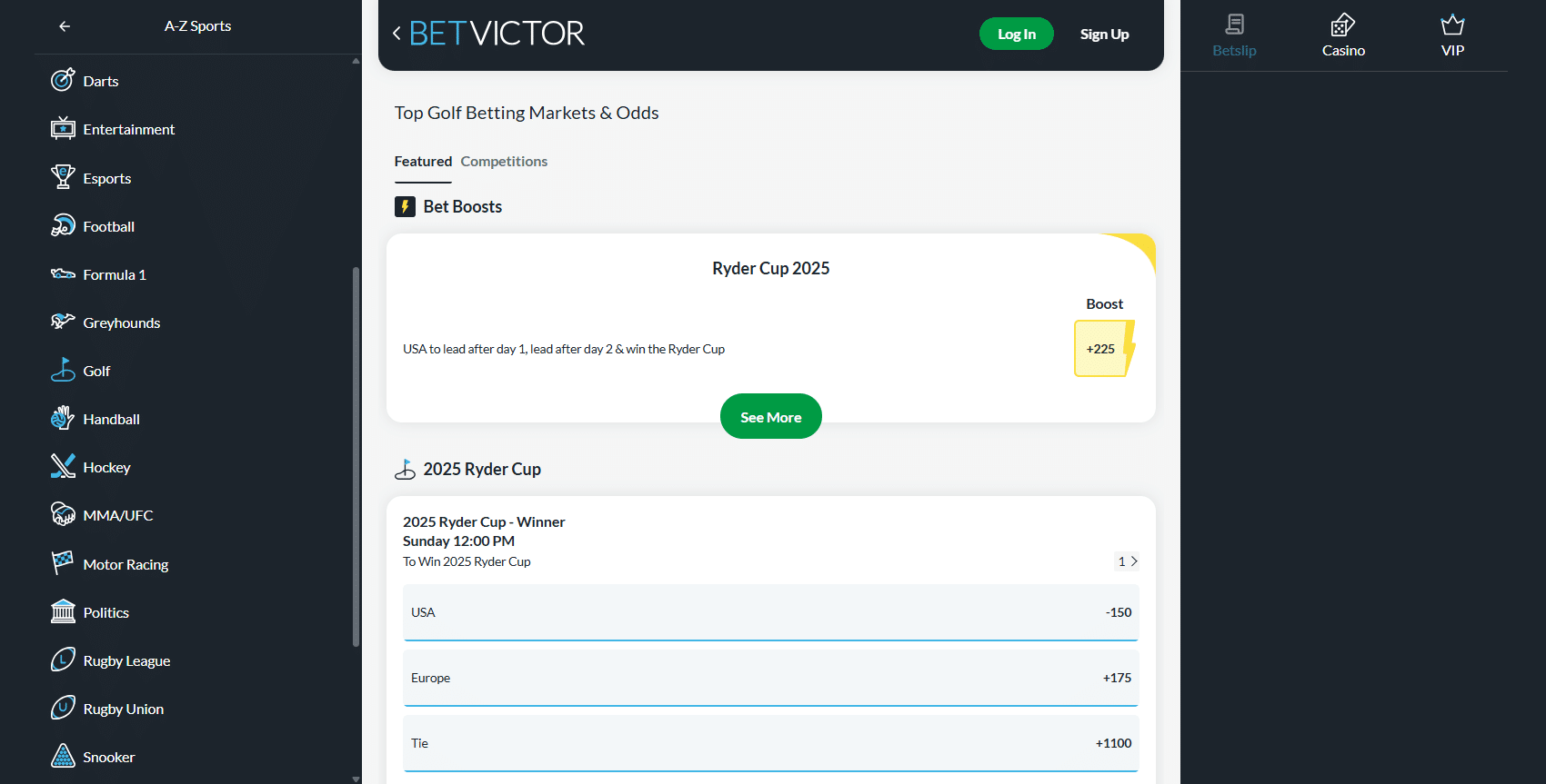 A screenshot desktop view of BetVictor's golf betting page featuring Ryder Cup odds.