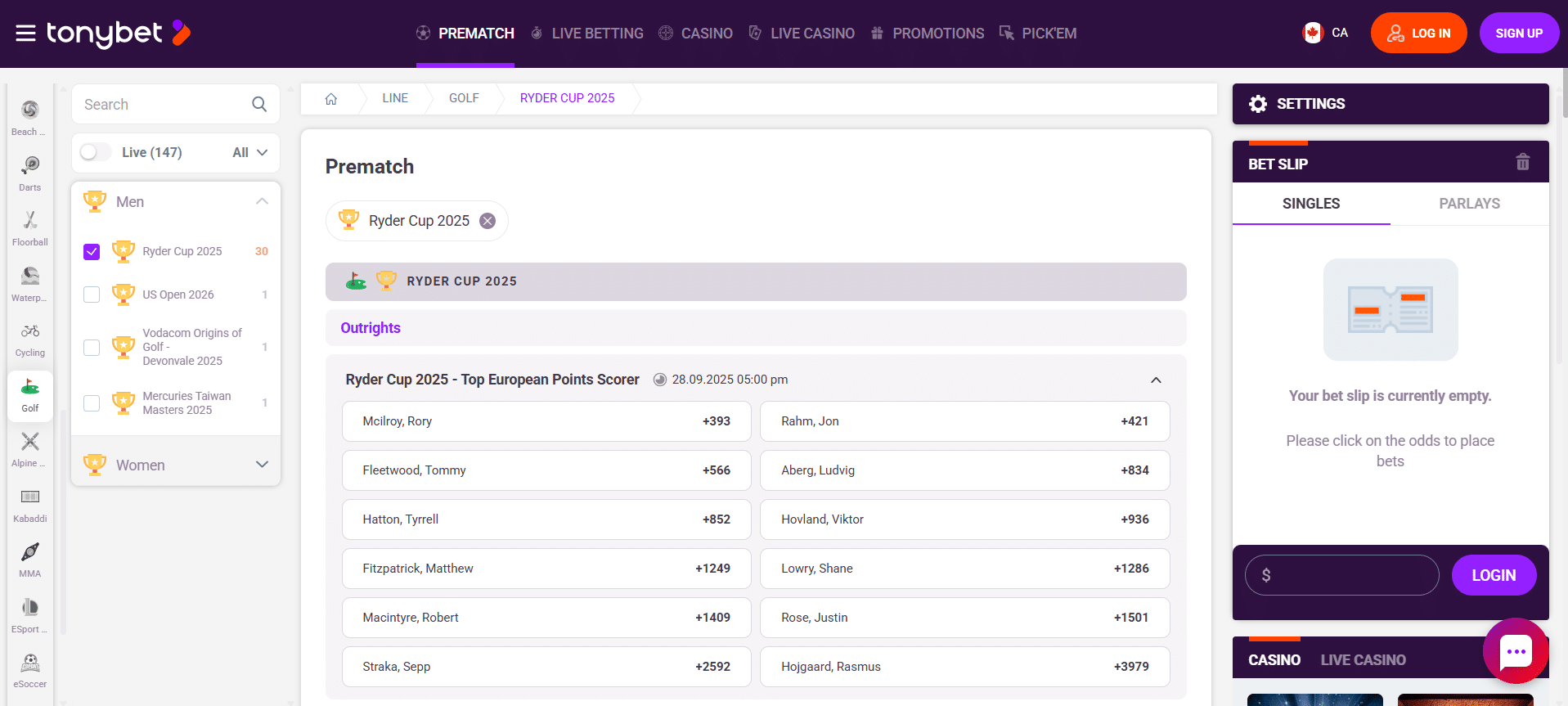 A screenshot desktop view of TonyBet's Ryder Cup betting page.