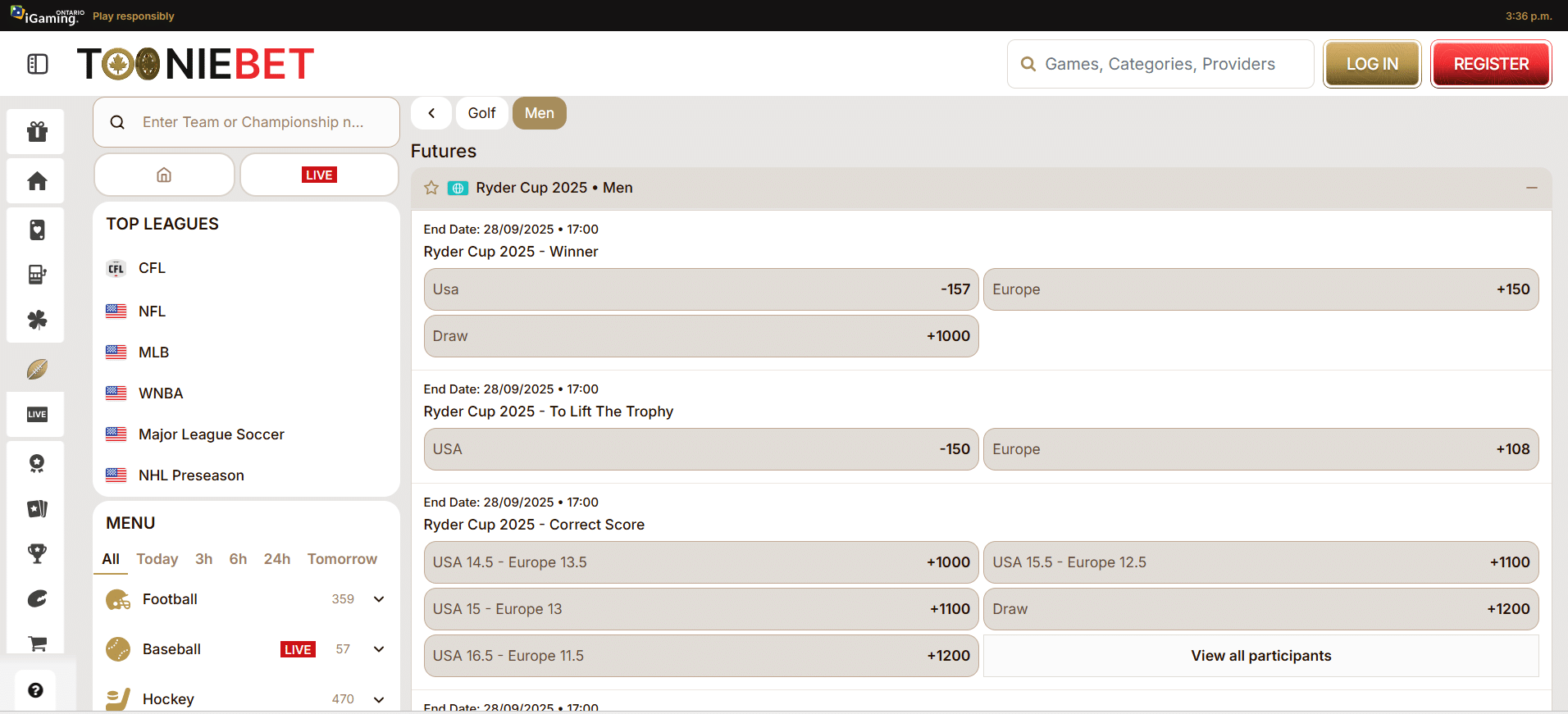 A screenshot desktop view of TonyBet's Ryder Cup betting page.