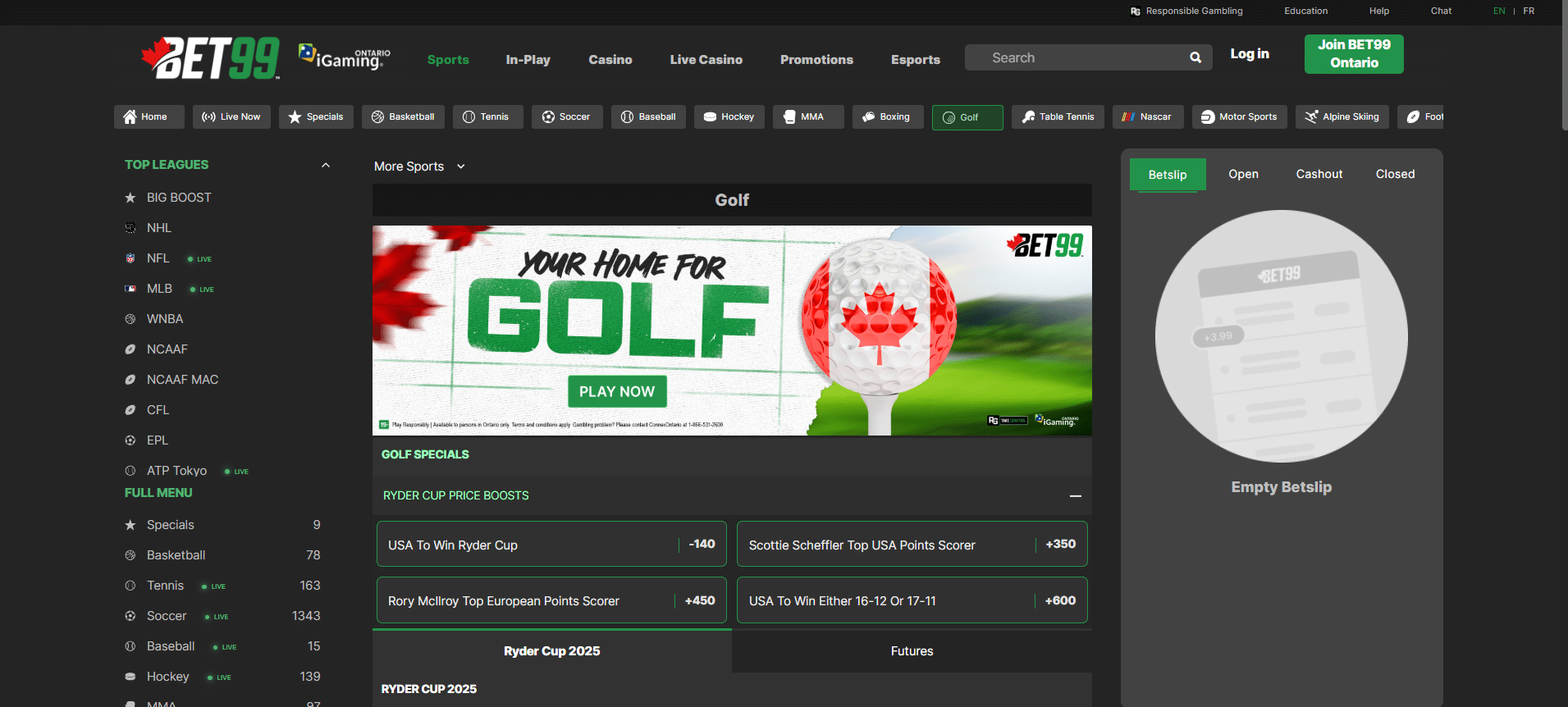 A screenshot desktop view of BET99's golf betting page featuring Ryder Cup odds.
