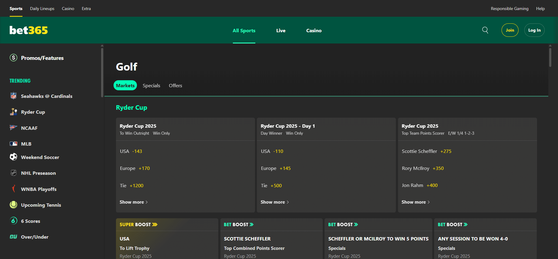 A screenshot desktop view of bet365's golf betting page.
