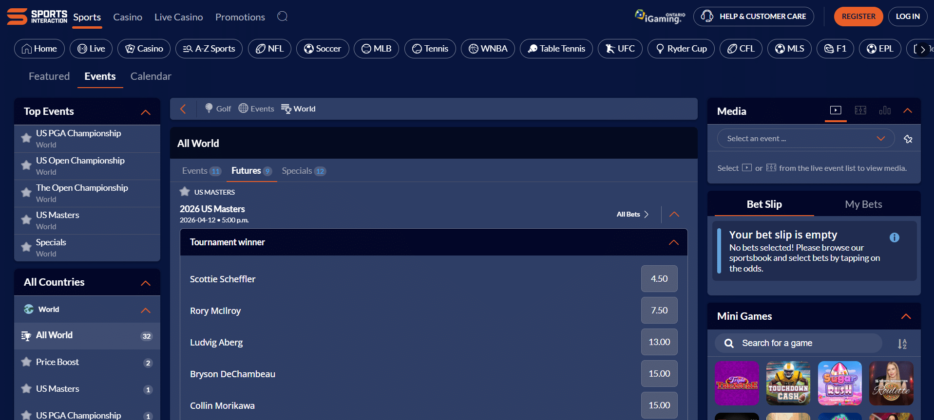 A screenshot desktop view of Sports Interaction's golf betting page.