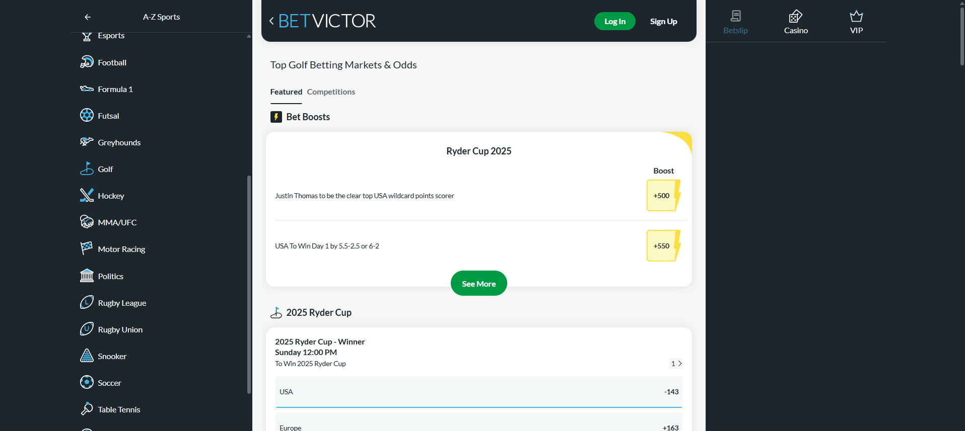 A screenshot desktop view of BetVictor's golf betting page.
