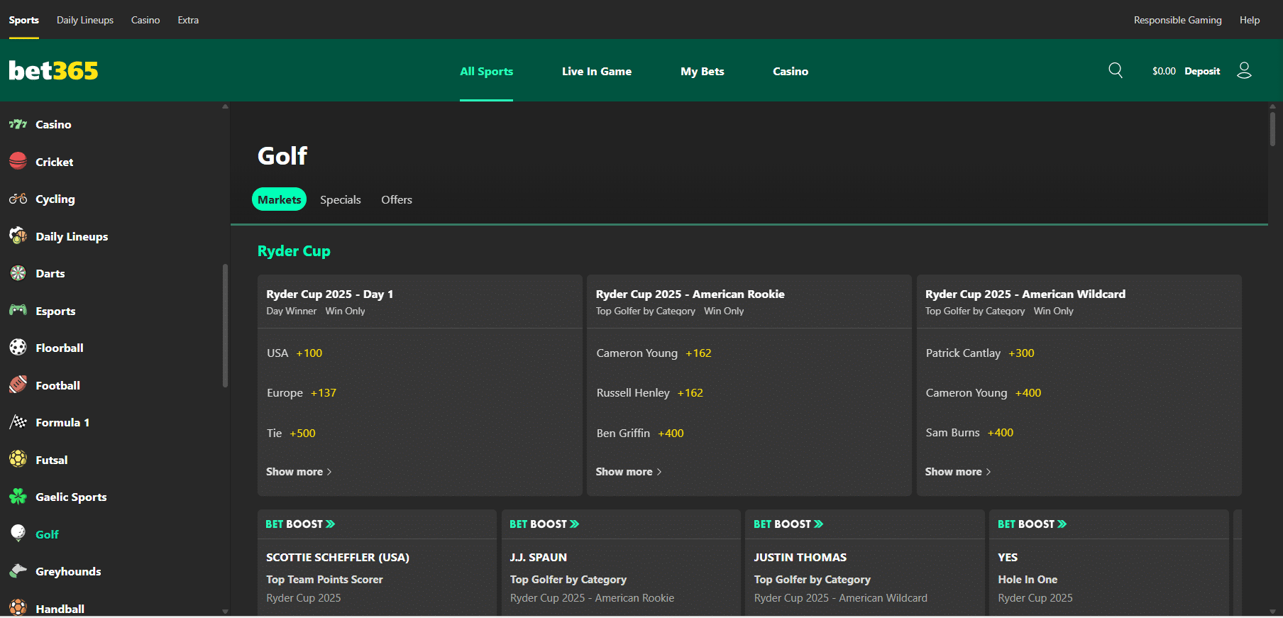 A screenshot desktop view of bet365's golf betting page featuring Ryder Cup betting markets and odds.