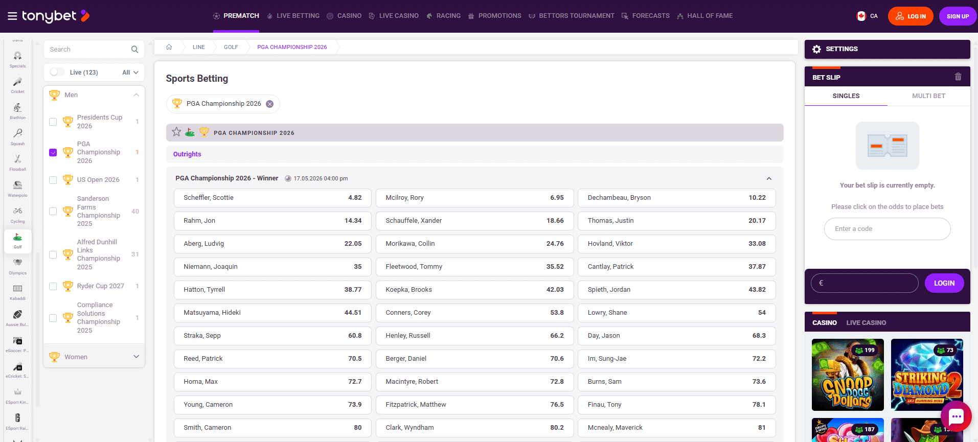 A screenshot desktop view of TonyBet's golf betting page featuring PGA Championship 2026 odds.