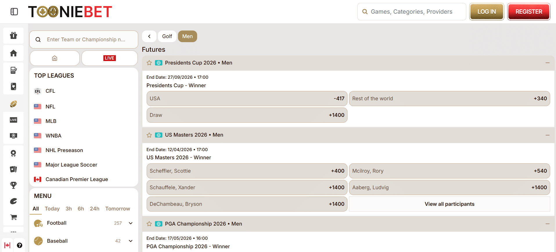 A screenshot desktop view of ToonieBet's golf betting page.