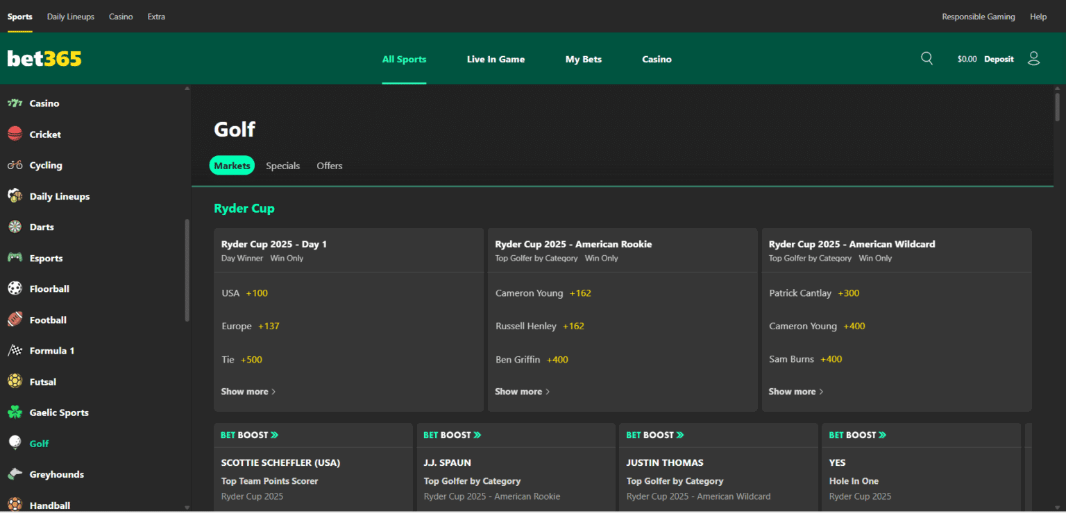A screenshot desktop view of bet365's golf betting page featuring Ryder Cup betting markets and odds.