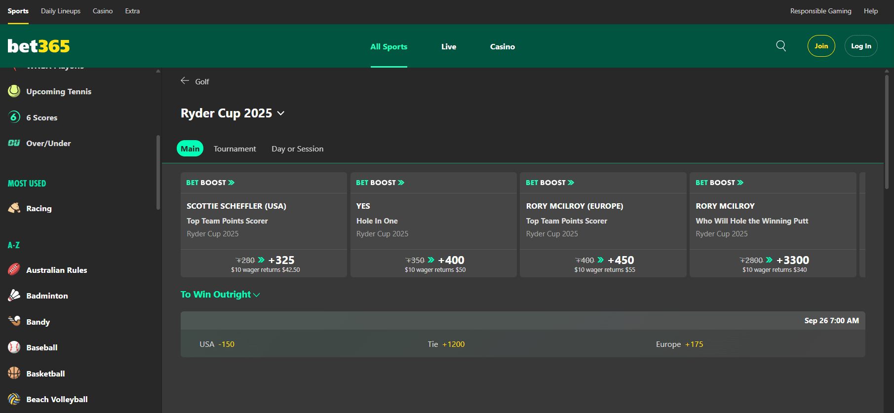 A screenshot desktop view of bet365's Ryder Cup betting page.
