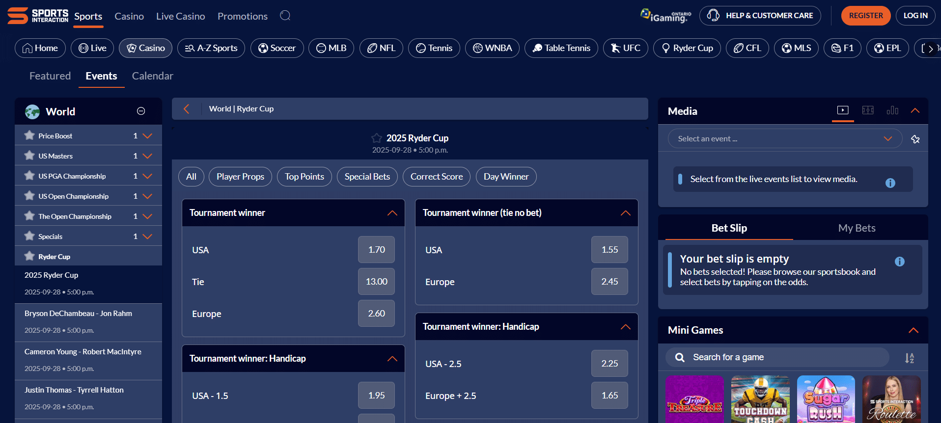 A screenshot desktop view of Sports Interaction's Ryder Cup betting page.