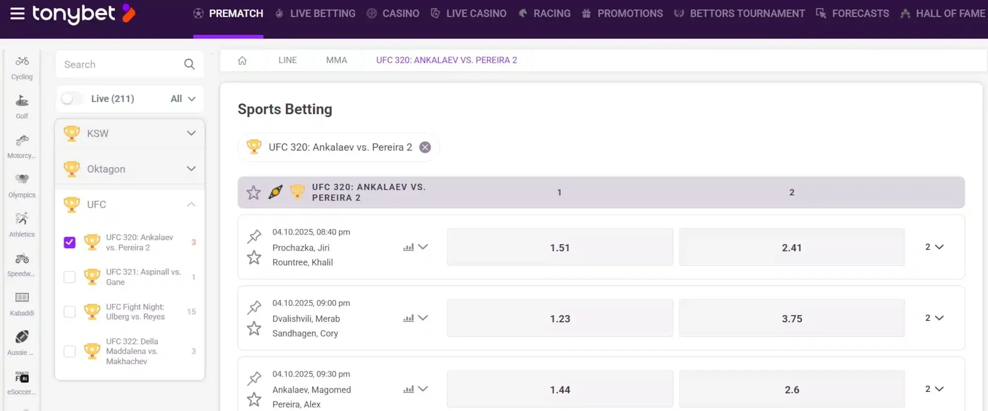A screenshot of the desktop view of TonyBet's UFC betting screen