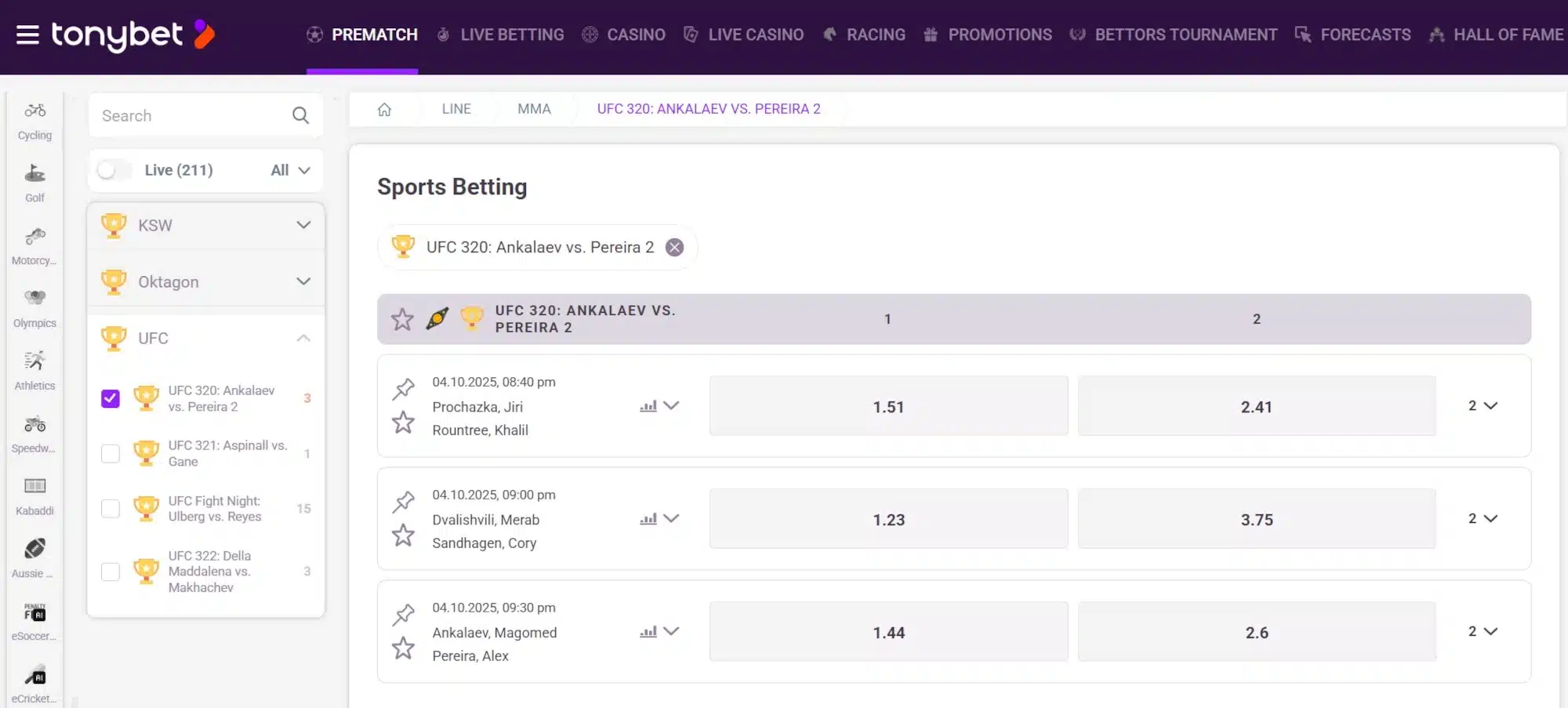 A screenshot of the desktop view of TonyBet's UFC betting screen