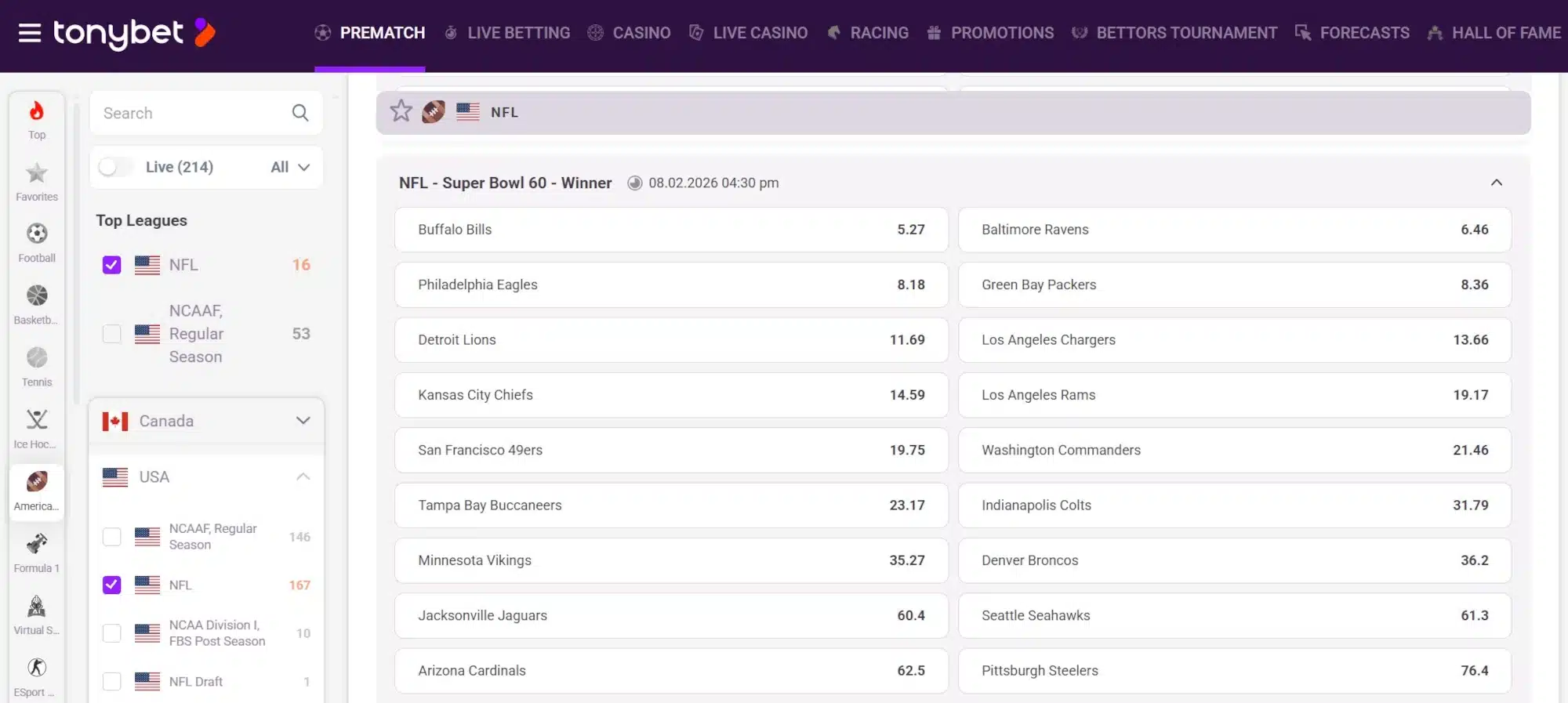 A screenshot of the desktop view of TonyBet's Super Bowl Betting page