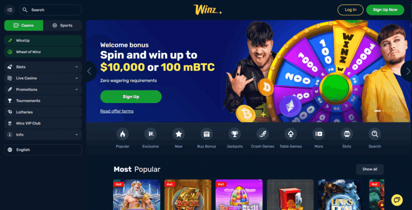 screenshot of the winz casino homepagw