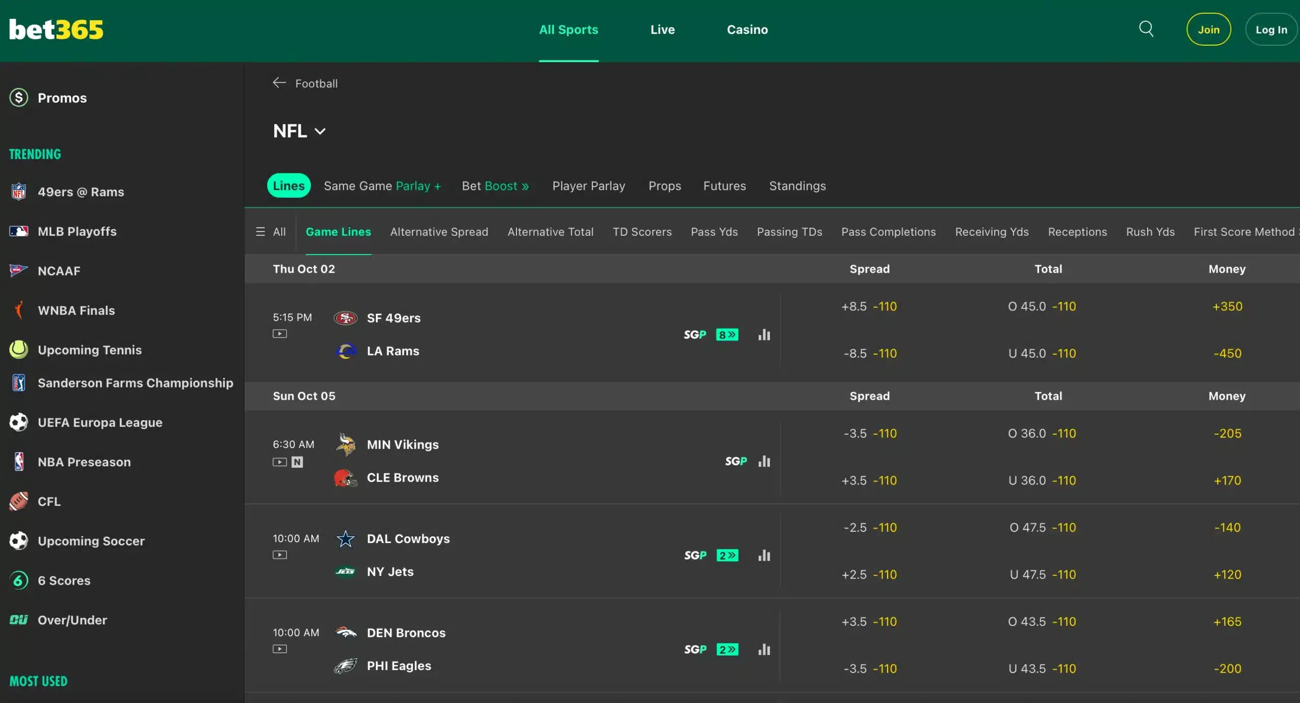 A screenshot of the desktop view of bet365's NFL odds page.