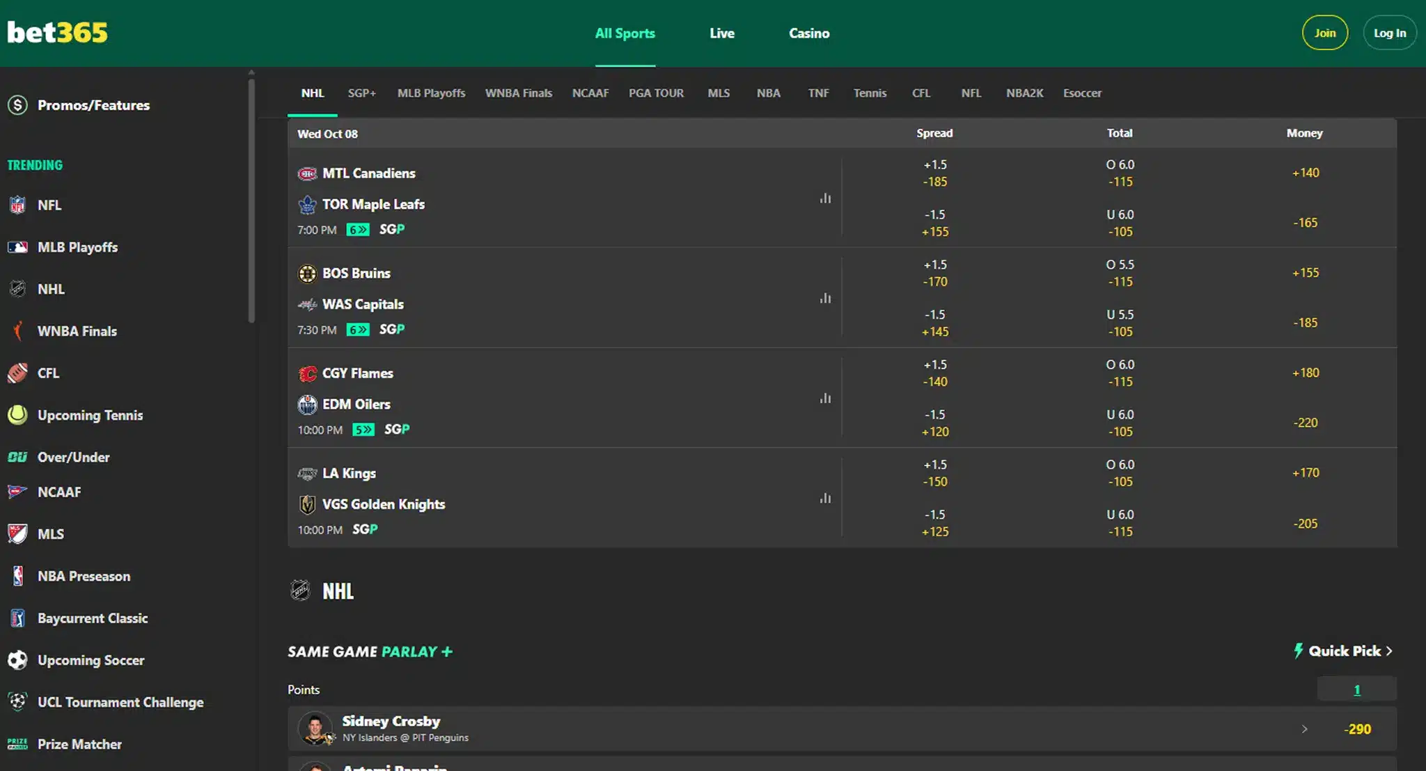A screenshot of the desktop view of bet365s NHL odds page