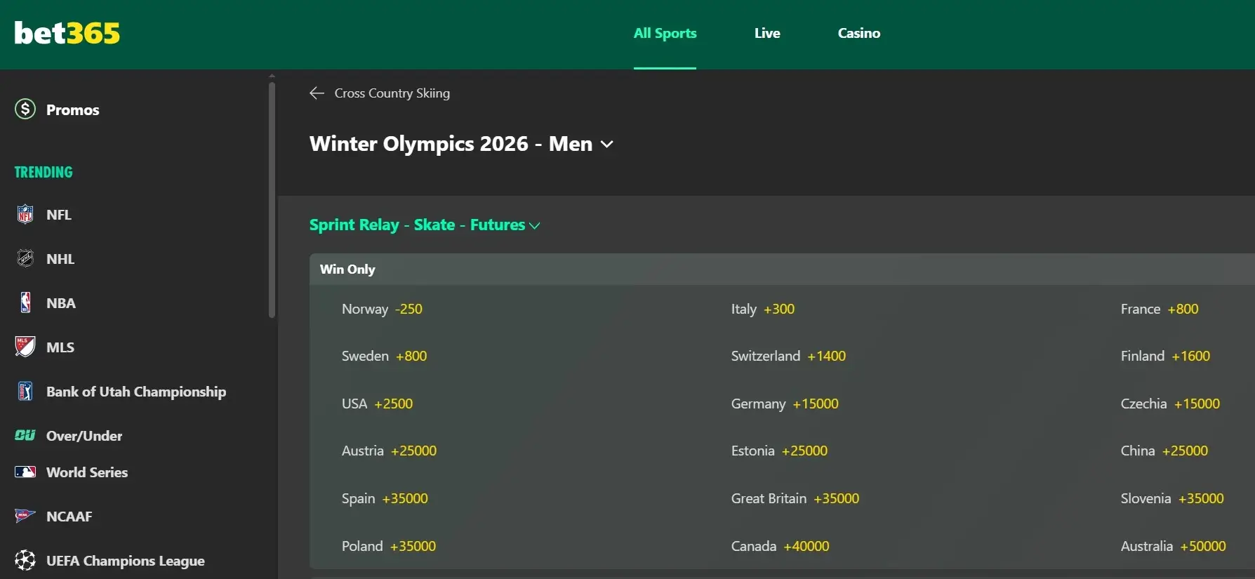 A screenshot of the desktop view of bet365's Winter Olympics odds for men's cross country skiing.