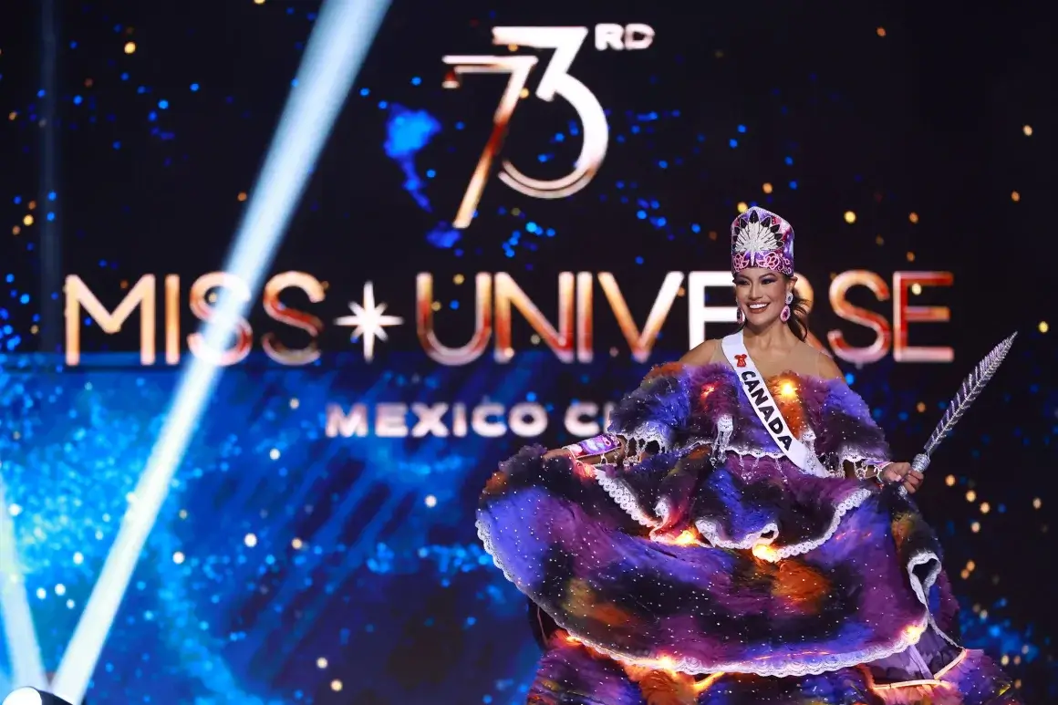 First Nations contestant Ashley Callingbull of Canada wears a multi-tiered gown during the 73rd Miss Universe competition in Mexico.