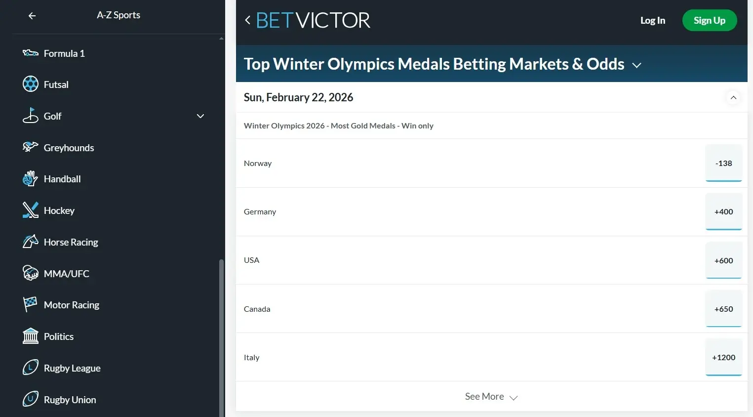A screenshot of the desktop view of BetVictor's Winter Olympics medal odds.