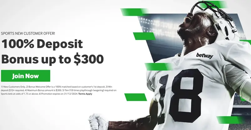 Betway bonus 100% deposit match bonus, up to $300 for new customers