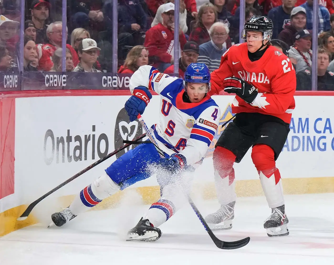 Bradly Nadeau scored on a third-period power play and Carter George made 24 saves, but Canada’s National Junior Team dropped a 4-1 decision to the United States to close prelim play at the 2025 IIHF World Junior Championship.