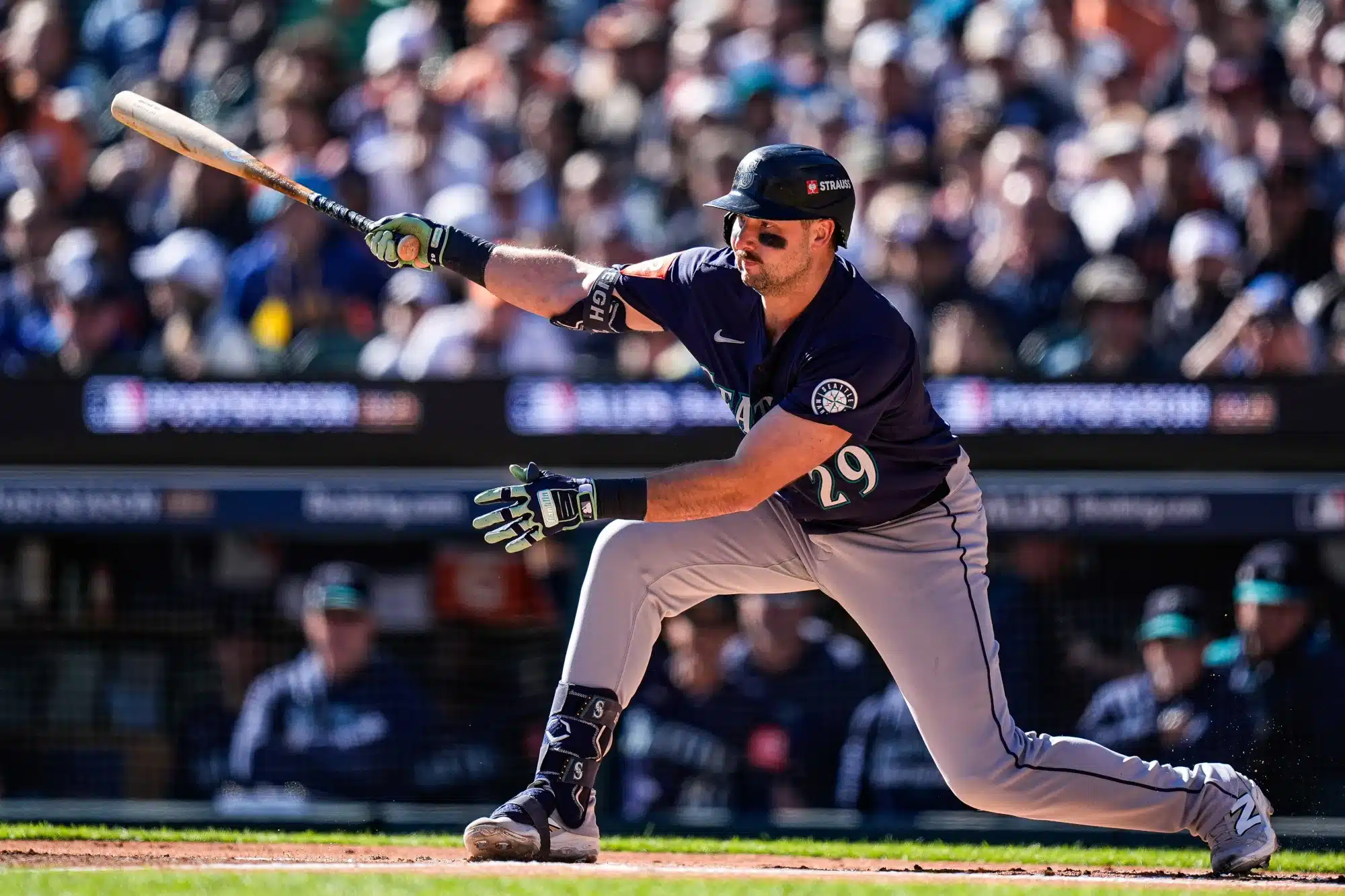 Seattle Mariners catcher Cal Raleigh (29) strikes out against Detroit Tigers during the first inning during ALDS Game 4 at Comerica Park in Detroit on Wednesday, Oct. 8, 2025.
