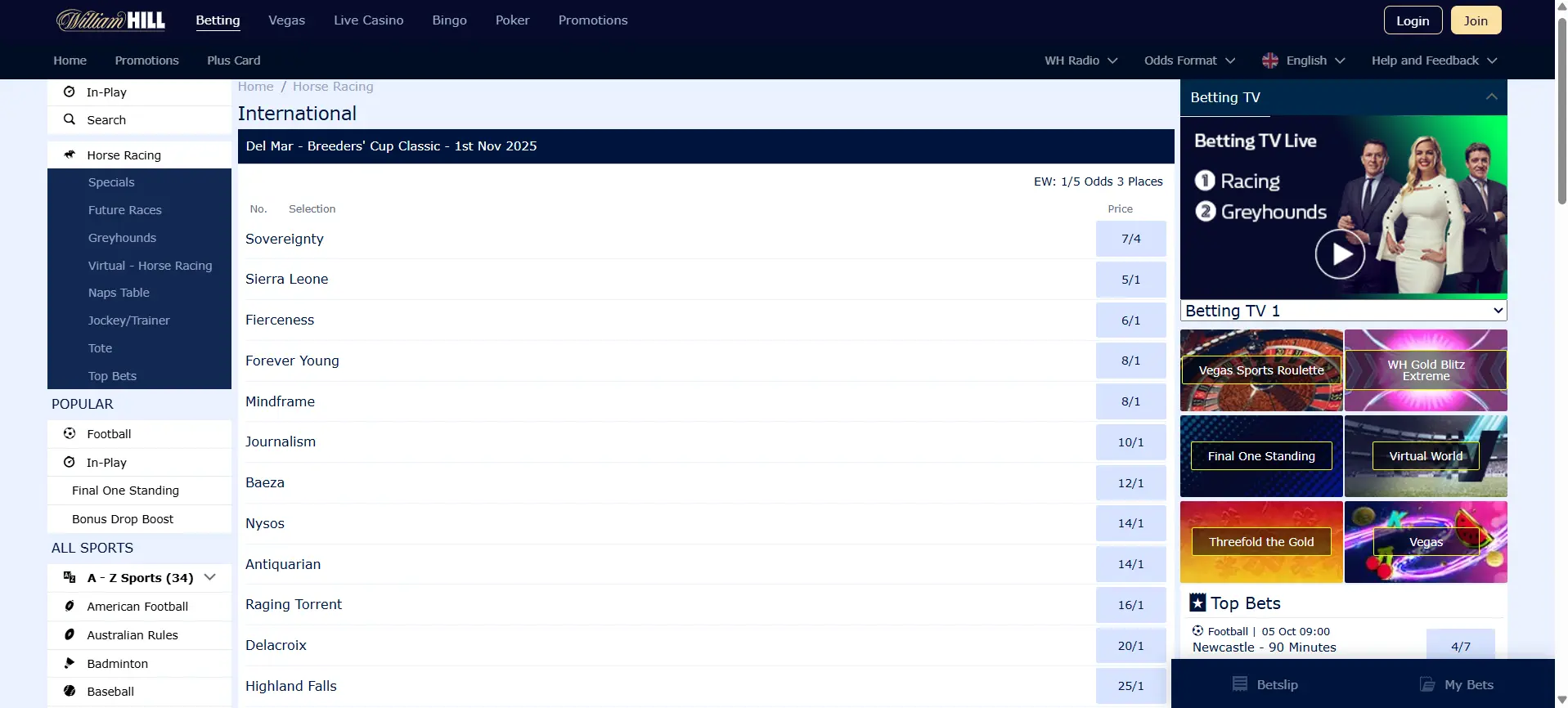 Desktop view screenshot of William Hill's Breeders' Cup betting page.