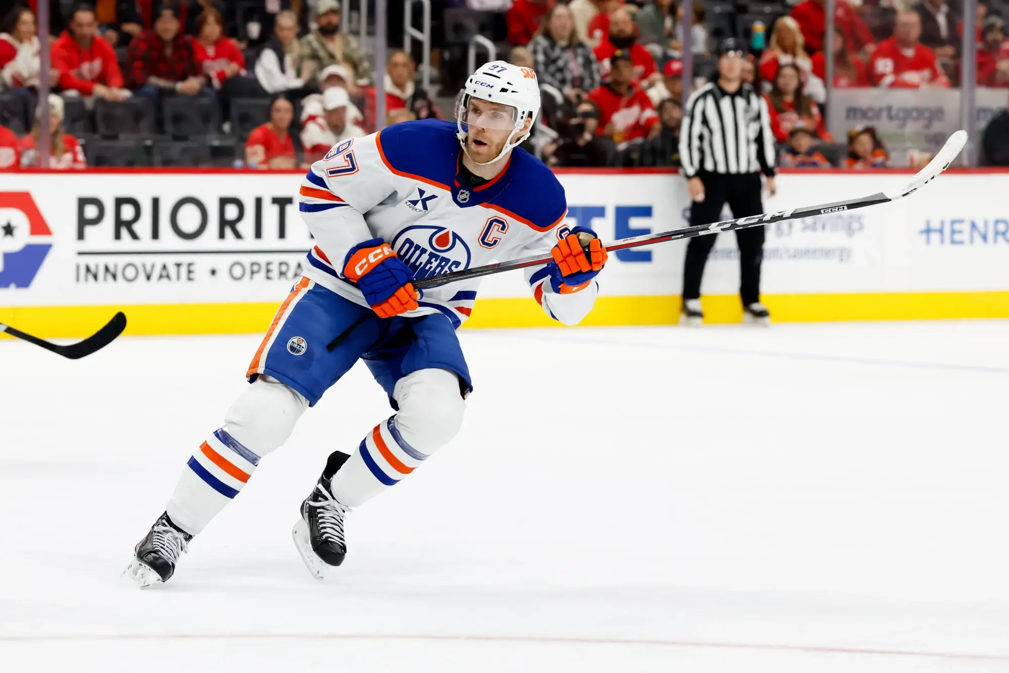 Oct 19, 2025; Detroit, Michigan, USA; Edmonton Oilers center Connor McDavid (97) skates in the third period against the Detroit Red Wings at Little Caesars Arena. 