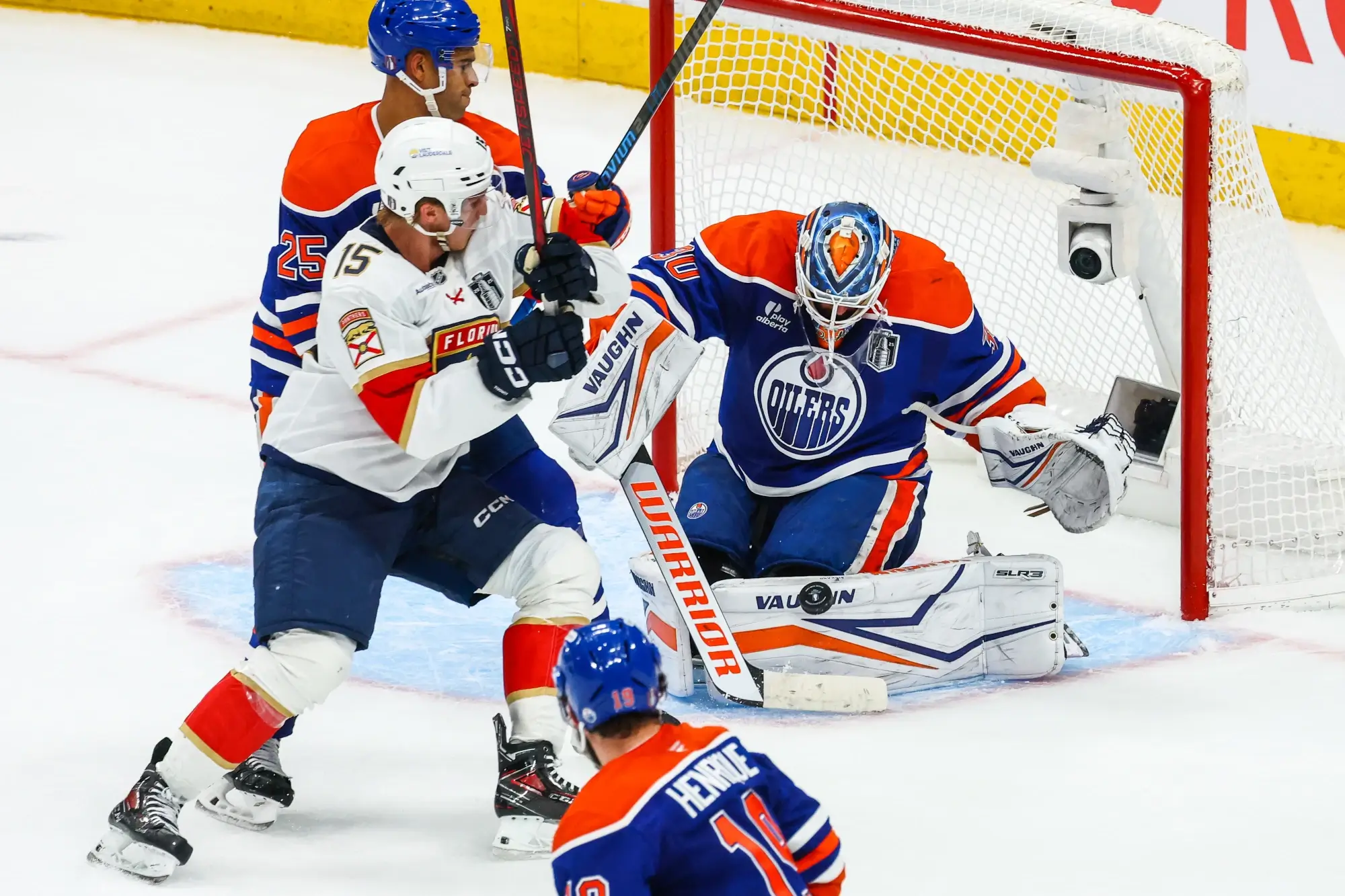 Jun 14, 2025; Edmonton, Alberta, CAN; Edmonton Oilers goaltender Calvin Pickard (30) makes a save agains the Florida Panthers during the third period in game five of the 2025 Stanley Cup Final at Rogers Place.