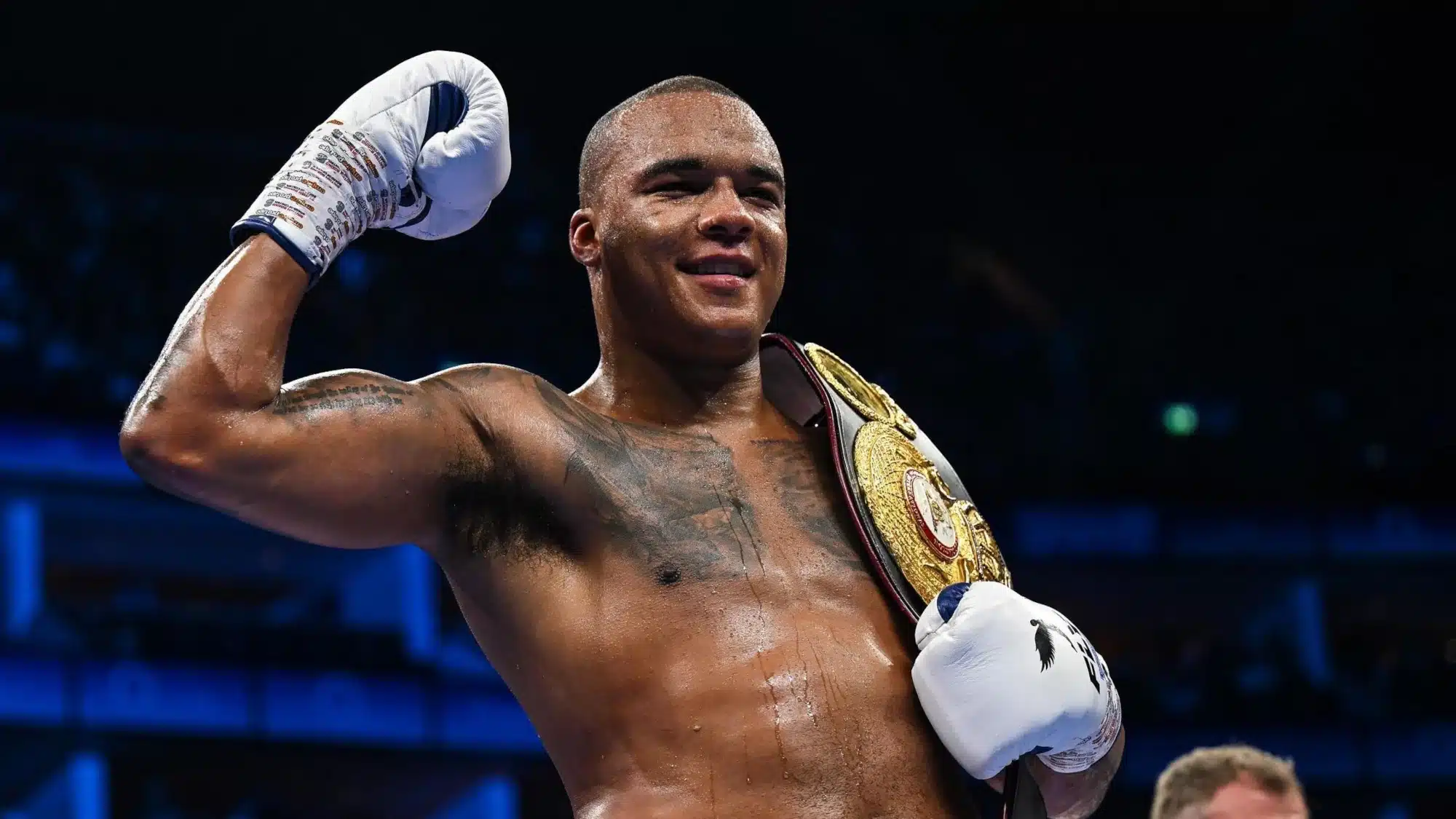 Boxer Fabio Wardley is seen celebrating a title victory